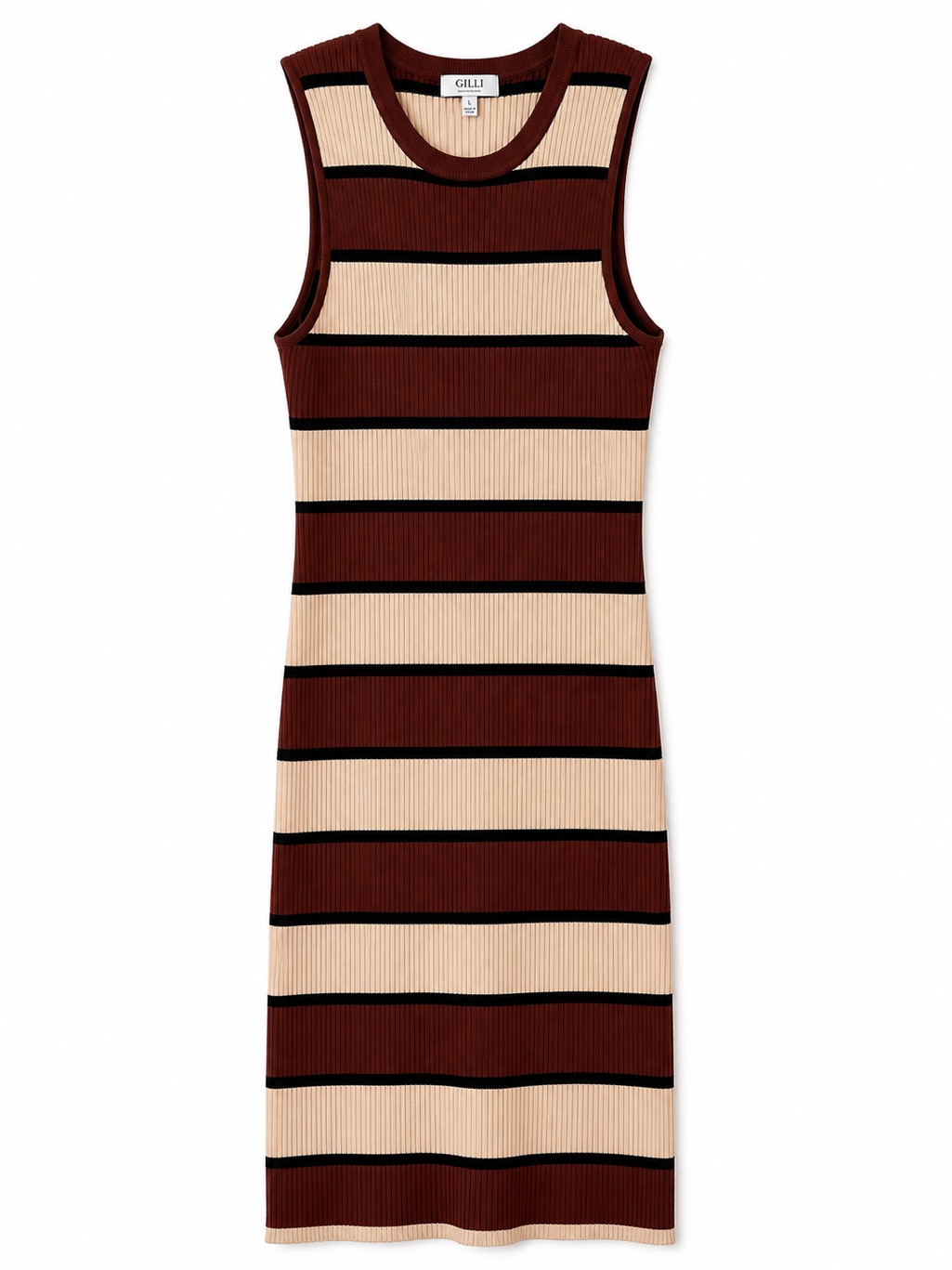 Gilli Ribbed Striped Midi Dress Brown Cream Sleeveless Bodycon Size Large
